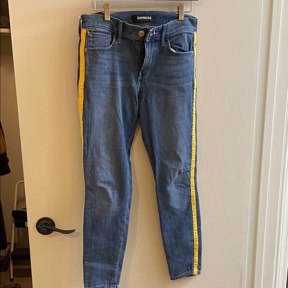 Express Women's Blue Skinny Jeans with Yellow Stripe
